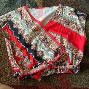 Scarf printed batwing sleeve wrap knot side blouse